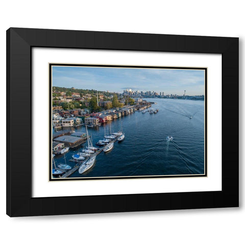 Aerial view of sailboats and houseboats on Lake Union with downtown Seattle in the background Black Modern Wood Framed Art Print with Double Matting by Probst, Greg