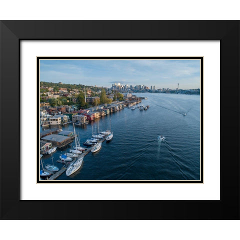 Aerial view of sailboats and houseboats on Lake Union with downtown Seattle in the background Black Modern Wood Framed Art Print with Double Matting by Probst, Greg