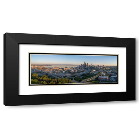 Sunrise view on Seattle-Elliott Bay and the Olympic Mountains as seen from Beacon Hill Black Modern Wood Framed Art Print with Double Matting by Probst, Greg
