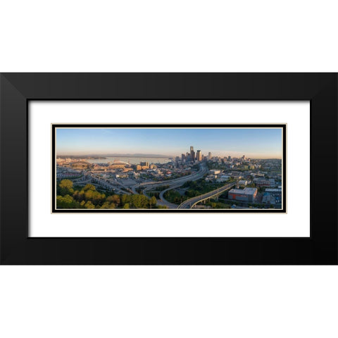 Sunrise view on Seattle-Elliott Bay and the Olympic Mountains as seen from Beacon Hill Black Modern Wood Framed Art Print with Double Matting by Probst, Greg
