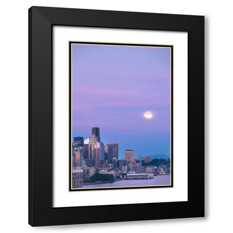 Downtown Seattle with a full moon rising in the evening sky-Seattle-Washington State Black Modern Wood Framed Art Print with Double Matting by Probst, Greg