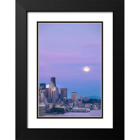Downtown Seattle with a full moon rising in the evening sky-Seattle-Washington State Black Modern Wood Framed Art Print with Double Matting by Probst, Greg
