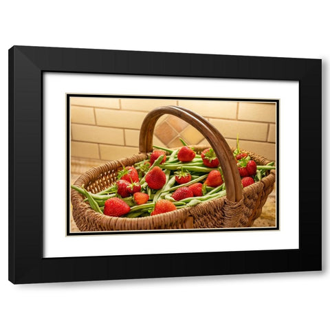 Issaquah- Washington State- USA. Woven basket of freshly harvested green beans and strawberries Black Modern Wood Framed Art Print with Double Matting by Horton, Janet
