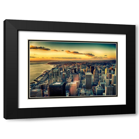 Washington State-Seattle Dusk on the Seattle skyline and Elliot Bay Black Modern Wood Framed Art Print with Double Matting by Duval, Richard