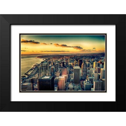 Washington State-Seattle Dusk on the Seattle skyline and Elliot Bay Black Modern Wood Framed Art Print with Double Matting by Duval, Richard