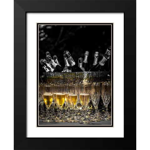 Washington State-Woodinville Sparkling wine bottles and glasses ready for tasting at a wine event Black Modern Wood Framed Art Print with Double Matting by Duval, Richard