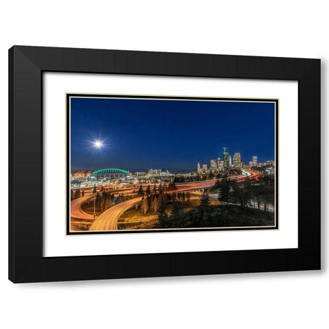Washington State-Seattle Full Moon Over Downtown Black Modern Wood Framed Art Print with Double Matting by Tilley, Rob