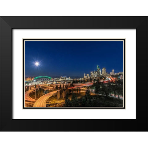 Washington State-Seattle Full Moon Over Downtown Black Modern Wood Framed Art Print with Double Matting by Tilley, Rob