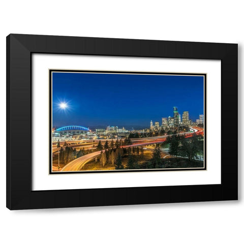 Washington State-Seattle Full Moon Over Downtown Black Modern Wood Framed Art Print with Double Matting by Tilley, Rob