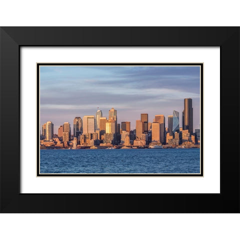 Washington State-Seattle Waterfront and Skyline at Sunset Black Modern Wood Framed Art Print with Double Matting by Tilley, Rob