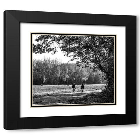 USA-Washington State-Fall City black and white two bike riders along Neal Rd SE Black Modern Wood Framed Art Print with Double Matting by Gulin, Sylvia