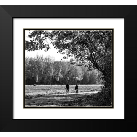 USA-Washington State-Fall City black and white two bike riders along Neal Rd SE Black Modern Wood Framed Art Print with Double Matting by Gulin, Sylvia
