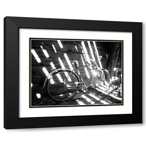 Old bicycle inside barn with shadows streaming Black Modern Wood Framed Art Print with Double Matting by Eggers, Terry