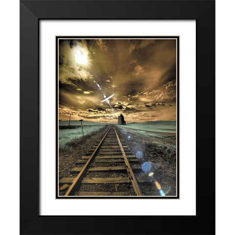 USA-Washington State-Palouse-Backcountry rail Road and Silo through wheat field with clouds Black Modern Wood Framed Art Print with Double Matting by Eggers, Terry