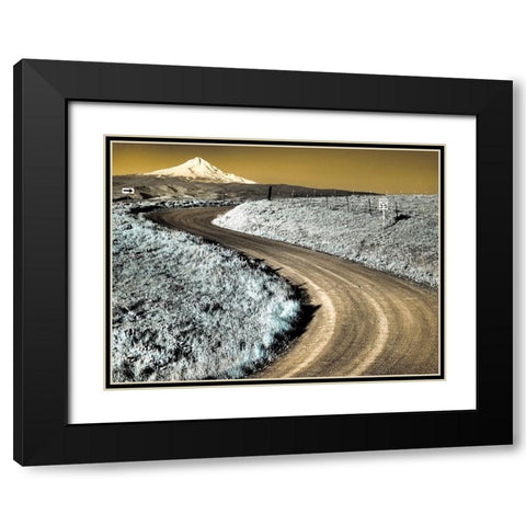 USA-Washington State Infrared capture of road running though wildflowers with Mount Hood background Black Modern Wood Framed Art Print with Double Matting by Eggers, Terry