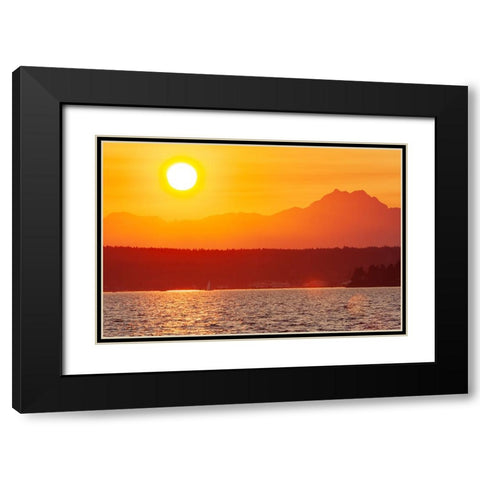 Sunset over Puget Sound- Seattle- Washington State. Silhouette of The Brothers peak on the right. Black Modern Wood Framed Art Print with Double Matting by Haseltine, Tom
