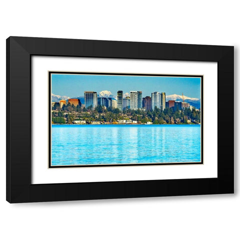 High-rise buildings-Lake Washington and snowcapped Cascade Mountains-Bellevue-Washington State Black Modern Wood Framed Art Print with Double Matting by Perry, William