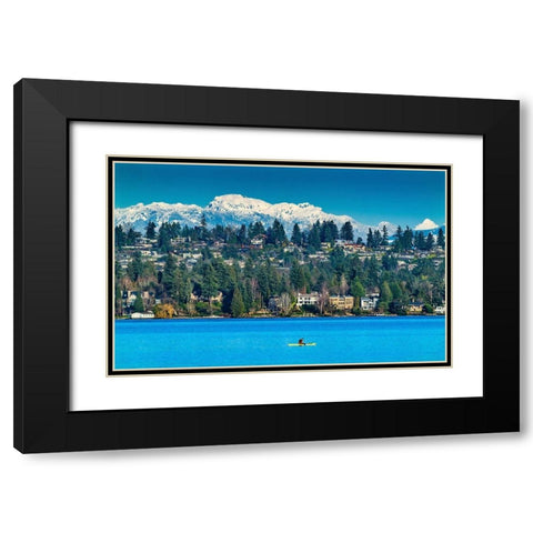 Yellow canoe and houses-Lake Washington and snowcapped Cascade Mountains-Bellevue-Washington State Black Modern Wood Framed Art Print with Double Matting by Perry, William