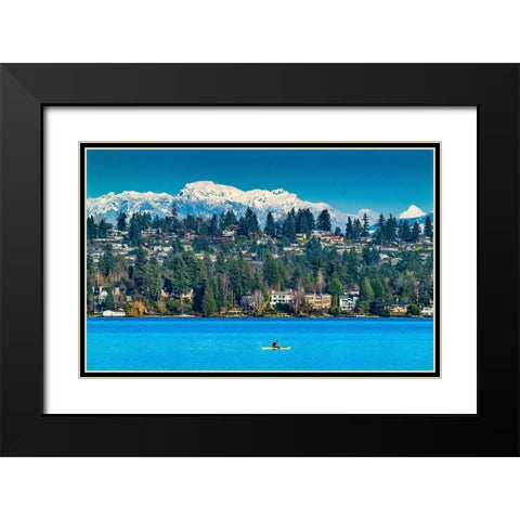 Yellow canoe and houses-Lake Washington and snowcapped Cascade Mountains-Bellevue-Washington State Black Modern Wood Framed Art Print with Double Matting by Perry, William