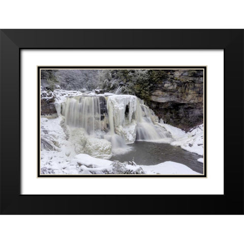 West Virginia Waterfall in winter landscape Black Modern Wood Framed Art Print with Double Matting by OBrien, Jay