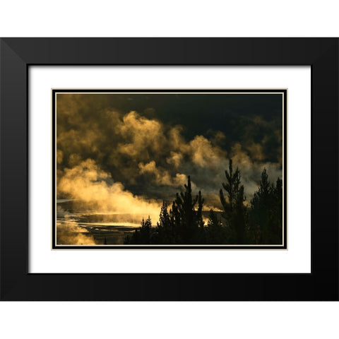 Elevated view of runoff water and bacterial mat-Grand Prismatic spring Black Modern Wood Framed Art Print with Double Matting by Jones, Adam