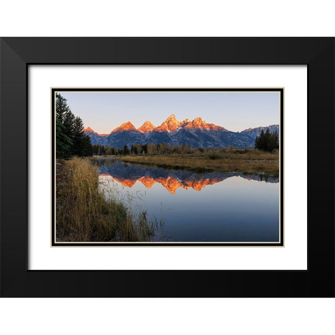 Teton Range reflected in Snake River from Schwabacher Landing-Grand Teton National Park-Wyoming Black Modern Wood Framed Art Print with Double Matting by Jones, Adam