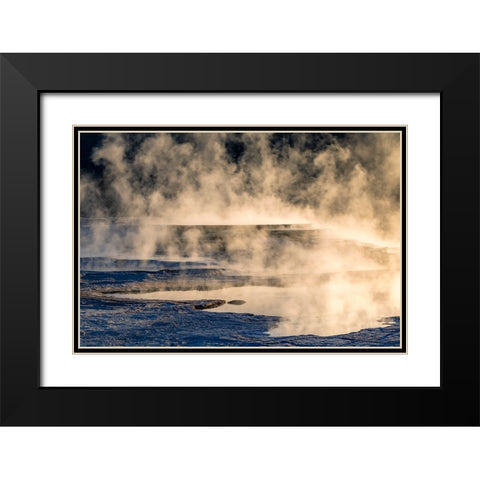 Canary Spring and steaming mist at sunrise-Mammoth Hot Springs-Yellowstone National Park-Wyoming Black Modern Wood Framed Art Print with Double Matting by Jones, Adam
