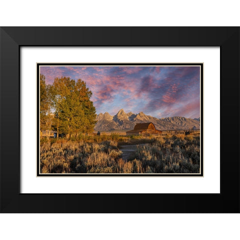 Moulton barn at sunrise and Teton Range-Grand Teton National Park-Wyoming Black Modern Wood Framed Art Print with Double Matting by Jones, Adam