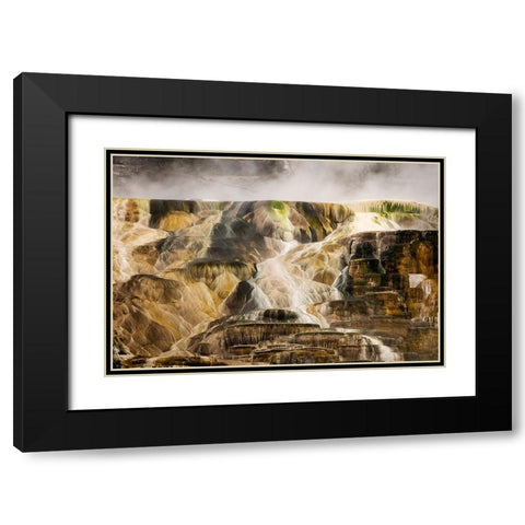 Colorful travertine slope with yellow and brown cyanobacteria-Mammoth Hot Springs Black Modern Wood Framed Art Print with Double Matting by Jones, Adam