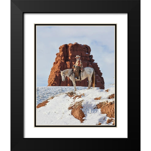 USA- Wyoming. Hideout Ranch cowgirl on horseback riding on ridgeline snow.  Black Modern Wood Framed Art Print with Double Matting by Gulin, Darrell
