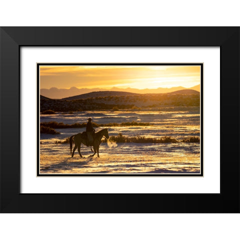 USA- Shell- Wyoming. Hideout Ranch sunset and silhouetted cowboy.  Black Modern Wood Framed Art Print with Double Matting by Gulin, Darrell