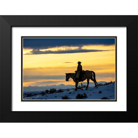 USA- Shell- Wyoming. Hideout Ranch cowgirl silhouetted on horseback at sunset.  Black Modern Wood Framed Art Print with Double Matting by Gulin, Darrell