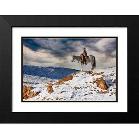 USA- Shell- Wyoming. Hideout Ranch cowgirl on horseback riding on ridgeline snow.  Black Modern Wood Framed Art Print with Double Matting by Gulin, Darrell