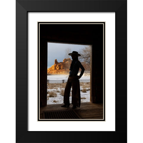 USA- Shell- Wyoming. Hideout Ranch with cowgirl silhouetted in doorway of log cabin.  Black Modern Wood Framed Art Print with Double Matting by Gulin, Darrell