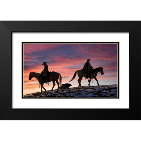 USA- Shell- Wyoming. Hideout Ranch cowgirls and dog silhouetted against sunsets sky.  Black Modern Wood Framed Art Print with Double Matting by Gulin, Darrell