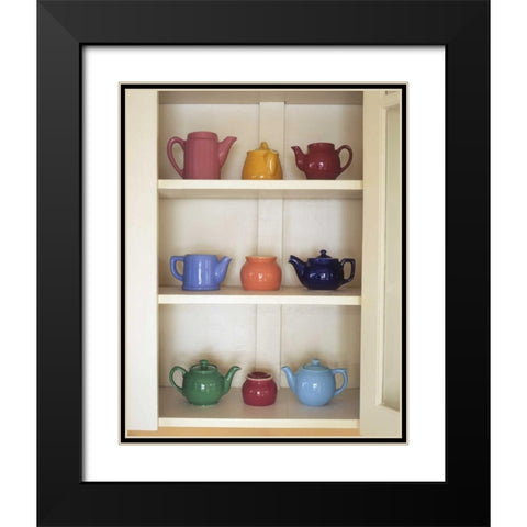 Antique ceramic teapots and sugar bowls in cupboard Black Modern Wood Framed Art Print with Double Matting by Terrill, Steve