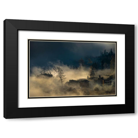 Misty Village Black Modern Wood Framed Art Print with Double Matting by Mei, C.