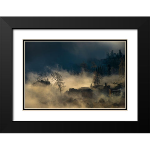 Misty Village Black Modern Wood Framed Art Print with Double Matting by Mei, C.