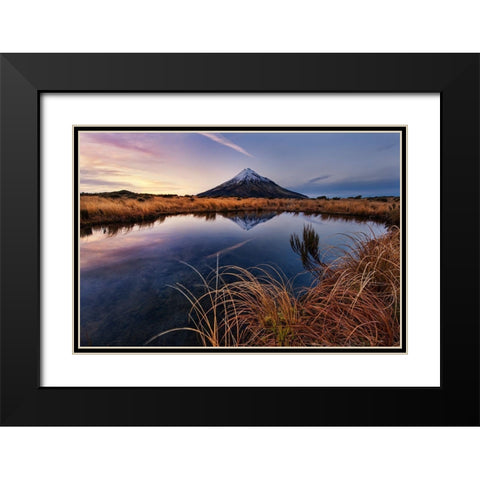 Mount Taranaki: Morning Breeze Black Modern Wood Framed Art Print with Double Matting by Zhang, Yan