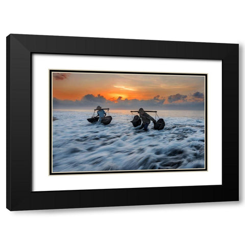 Collecting Seawater Black Modern Wood Framed Art Print with Double Matting by Raja, Pradeep