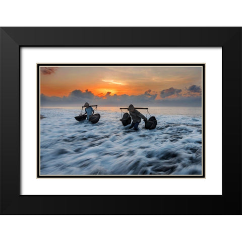 Collecting Seawater Black Modern Wood Framed Art Print with Double Matting by Raja, Pradeep