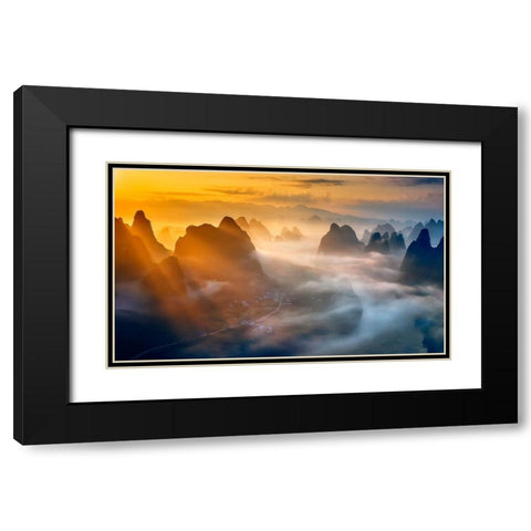 Yangshuo Sunrise Black Modern Wood Framed Art Print with Double Matting by Zhu, Hua