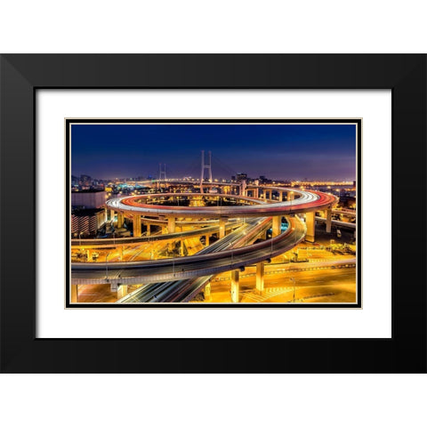 Nanpu Bridge Black Modern Wood Framed Art Print with Double Matting by Zhu, Hua