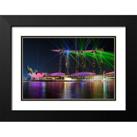 Marina Bay Sands Lasershow Black Modern Wood Framed Art Print with Double Matting by Fleckenstein, Martin
