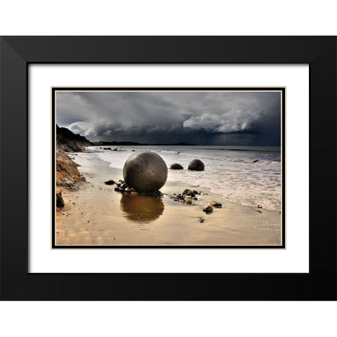 Moeraki Round Boulders Black Modern Wood Framed Art Print with Double Matting by Tzur, Yair