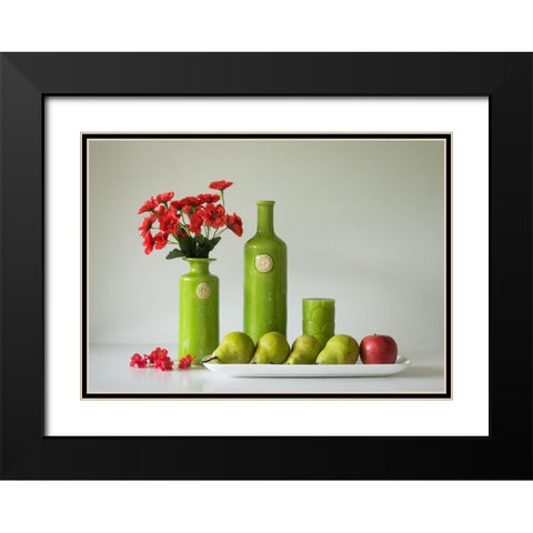 Red And Green With Apple And Pears Black Modern Wood Framed Art Print with Double Matting by Hammer, Jacqueline