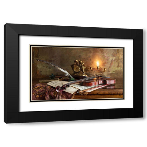 Still Life With Violin And Clock Black Modern Wood Framed Art Print with Double Matting by Morozov, Andrey