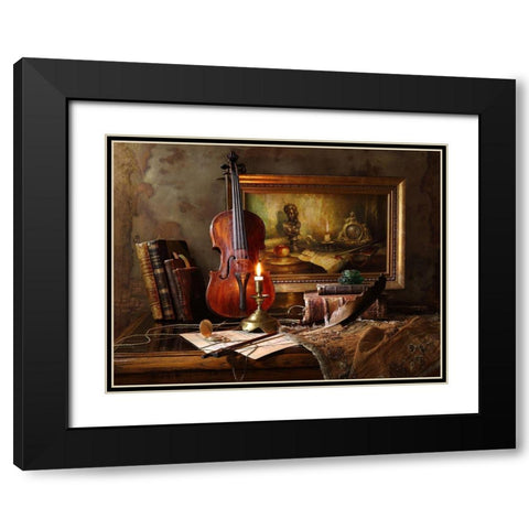 Still Life With Violin And Painting Black Modern Wood Framed Art Print with Double Matting by Morozov, Andrey
