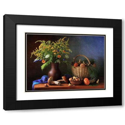 Still Life With Mushrooms And Bouquet Black Modern Wood Framed Art Print with Double Matting by Skorokhod, Tatyana
