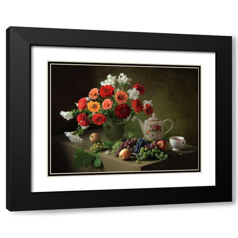 Still Life With A Bouquet Of Zinnias And Fruit Black Modern Wood Framed Art Print with Double Matting by Skorokhod, Tatyana